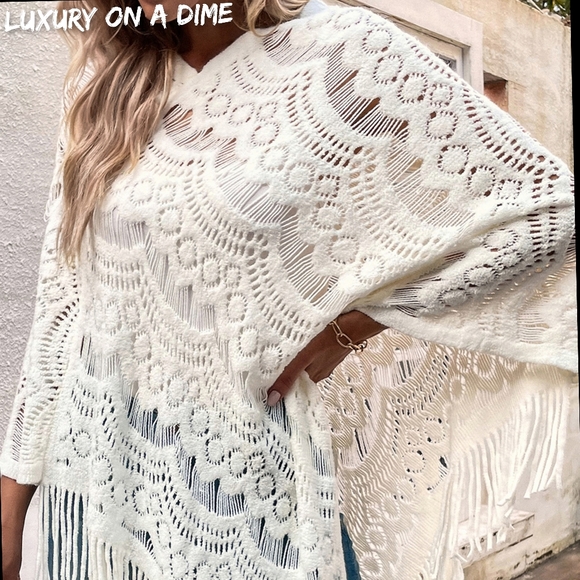 Knit Openwork Macrame Oversized Retro Fringe Pullover Poncho Sweater Jacket - Picture 6 of 9